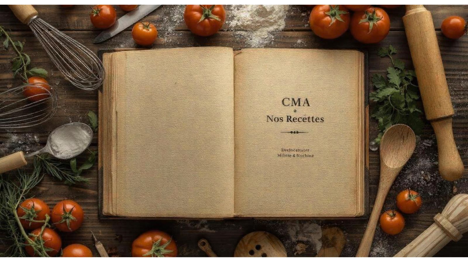 Illustration représentant un livre de recettes ouvert sur une table de cuisine qui comporte des ingrédients et ustensiles de cuisine