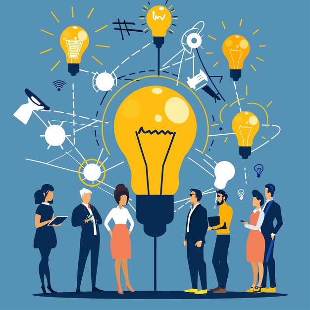 Un groupe de manager échange leurs idées autour d'une grosse ampoule allumée